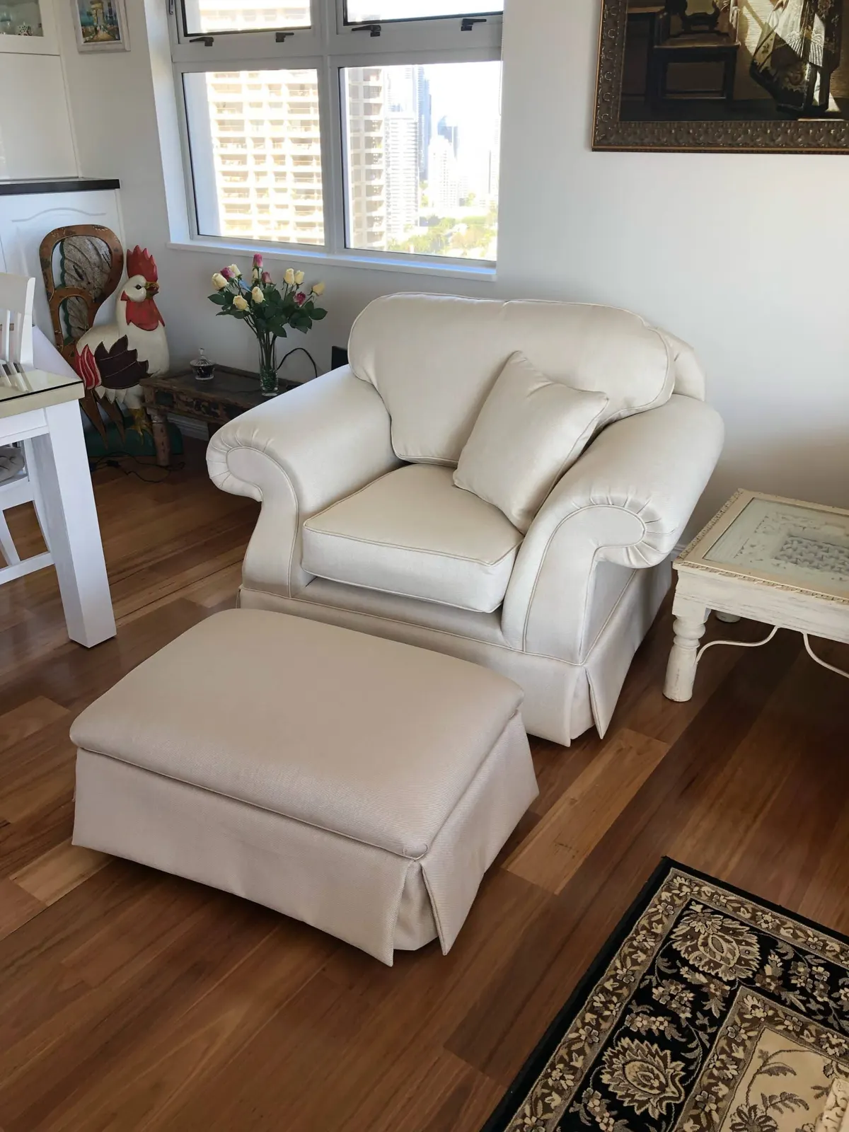 Chair with ottoman reupholstered