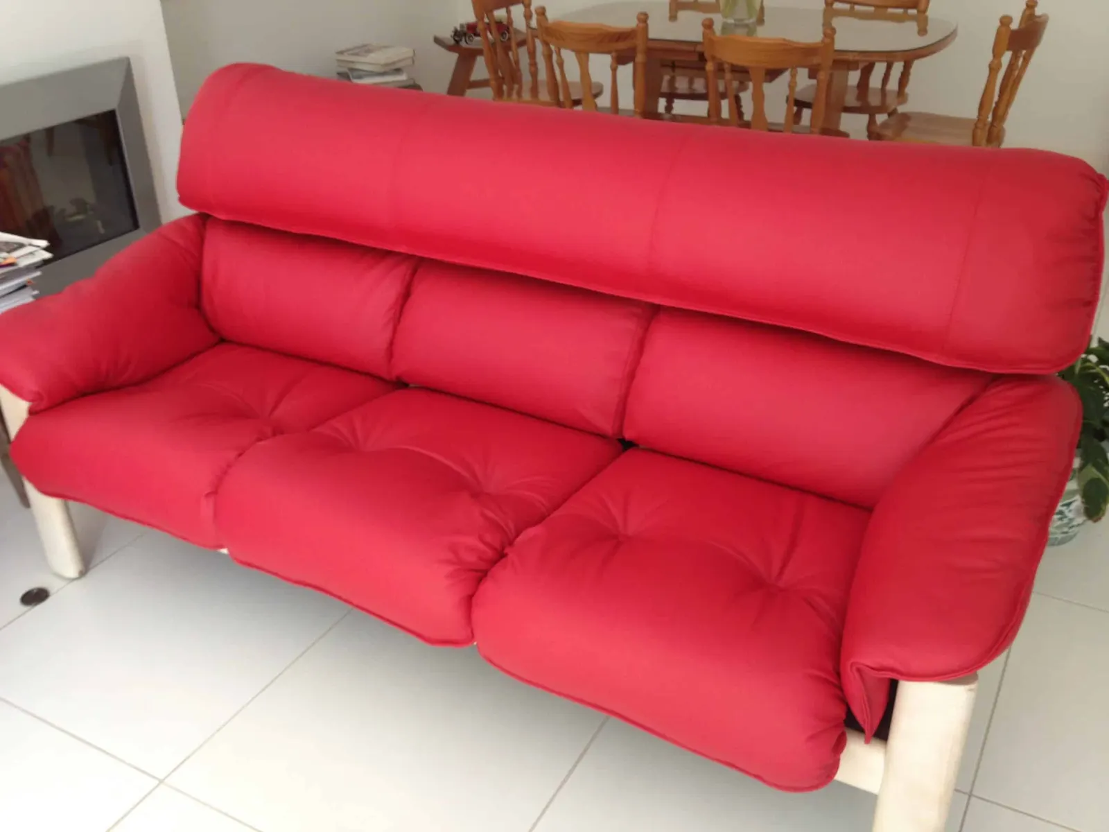 Red couch reupholstery, after